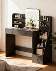 Makeup Vanity Desk with LED Mirror & 5-Tier Sloped Shelves, 7 Open Storage Areas & 3 Drawers, Adjustable 3-Color Lighting Dressing Table