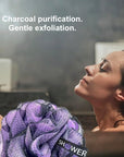 SHOWER BOUQUET Loofah-Charcoal Back-Scrubber & Bath-Sponge Color-Set // 1 Long-Handle-Back-Brush plus 2 Extra Large 75g Soft Mesh Loofa Lufa Loufa Poufs, Men & Women - Exfoliate with Full Pure Cleanse