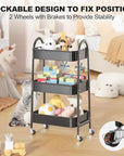EAGMAK 3 Tier Rolling Cart, Large Metal Storage Cart with Handle and Lockable Wheels, Big Multifunctional Storage Organizer Trolley with Mesh Baskets for Kitchen, Living Room, Office, Garage (Black)
