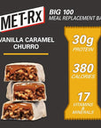 MET-Rx Big 100 Colossal Protein Bars, Vanilla Caramel Churro Meal Replacement Bars, Brown, 9 Count