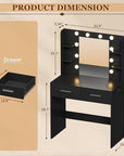Furmax Make up Vanity Desk with Mirror and Power Outlet, Vanity with 3 Color Light Options Adjustable Brightness,Vanity Desk with 2 Drawers, 6 Storage Shelves (Black, No Bench)