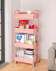 Calmootey 4-Tier Rolling Utility Cart with Drawer,Multifunctional Storage Organizer with Plastic Shelf & Metal Wheel,Storage Cart for Kitchen,Bathroom,Living Room,Office,Pink