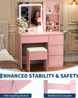 Garvee Makeup Vanity Desk with Lighted Mirror, Dressing Table Set with 4 Drawers, Power Outlet, Storage Stool, Storage Shelves, Vanity Mirror 3 Lighting Color Adjustable, Vanity Set for Bedroom, Pink