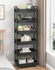 Sywhitta 6-Tier Plastic Rolling Utility Cart with Handle, Multi-Functional Storage Trolley for Office, Living Room, Kitchen, Movable Storage Organizer with Wheels, Black