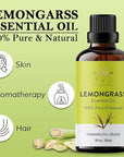 Lemongrass Essential Oil | 100% Pure and Natural USDA Organic Lemon Grass Oil | for Aromatherapy Skin Home Diffusers Carrier | 3.38 fl. Oz