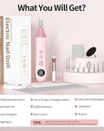 Professional Manicure Pedicure Electric Toenail Grinder Kit - Cordless Electric Nail File Set for Thick Nails Hand Feet Care ,15 Speed,Nail Drill with LED Display Ideal Gift for Men and Women-Pink
