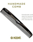 Kent 9T Black Graphite Fine Tooth and Wide Tooth Detangler Comb - Large Handmade Dressing Comb for Wet Hair and Durable Grooming, Hand Polished, Saw-Cut Made in England