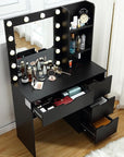 Vanity Desk with Mirror and Lights, 4 Drawers, Open Shelves, Built-in Power Outlets, 3 Lighting Colors Adjustable Dressing Table for Bedroom, Makeup Studio, Black