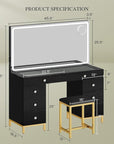DWVO Black Vanity Desk with Mirror: Makeup Table with Power Outlets & 8 Drawers 3-Mode LED Mirror, Storage Stool for Dressing Room