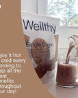 Wellthy Collagen Superfood Powder, Fights Stress & Fatigue, Cacao, Mushroom Powder - Organic Chaga & Reishi Extracts, Certified Organic Matcha, Allergen-Free & Non-GMO