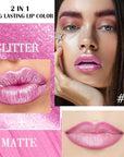 evpct Pink Metallic Glitter Lip Liner and Lipstick Combo Lip Gloss Stain Set Makeup for Women Long Lasting Waterproof 24, Rose Pink Metallic Shimmer Frosted Iridescent Glossy Liquid Lipstick 21