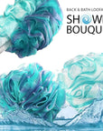 SHOWER BOUQUET 2-Sided-Loofah-Back-Scrubber & Bath-Sponge Set // 1-Long-Handle-Back-Brush Plus 2-Extra-Large 75g Soft Mesh Poufs, Men & Women - Exfoliate with Full Pure Cleanse in Bathing Accessories