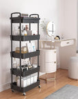 Calmootey 5-Tier Rolling Utility Cart with Drawer,Multifunctional Storage Organizer with Plastic Shelf & Metal Wheels,Storage Cart for Kitchen,Bathroom,Living Room,Office,Black