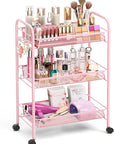TOOLF 3 Tier Rolling Utility Cart - Durable Metal Design Pink Utility Cart, Storage Trolley on Wheels with 3 Hooks, Perfect for Kitchen, Bathroom & Laundry Room Organization