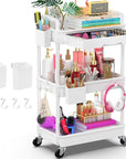 Goovilla 3 Tier Rolling Utility Cart Organizer with Removable Drawer, Stable and Sturdy White Rolling Storage Carts with 2 Lockable Wheels for Bathroom, Kitchen, Snack, Craft, Makeup, Baby Essentials