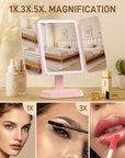 Rechargeable Trifold Makeup Mirror with Lights, 1X/3X/5X Magnification, Cordless 3-Color LED Vanity Mirror for Travel & Desk, Up to 20H Use, Ideal Gift for Women & Teens - Pink