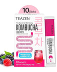 TEAZEN Berry Kombucha Tea, Hydration Drink Mix, Sugar Free, Live Probiotics & Prebiotics, 10 Sticks, 1.76oz