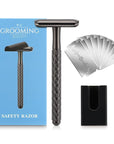 Single Blade Safety Razor for Men with Silicone Cover & 10 Blades Double Edge Safety Razor for Travel Metal Eco-Friendly Reusable Razor for Shaving (Matte Black)