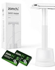 ZOMCHI Double Edge Safety Razor with Stand for Men, Women Razor with 10 Double Edge Safety Razor Blades, Plastic Free Metal Razor – White