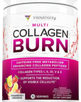Multi Collagen Burn: Hydrolyzed Protein Peptides with Hyaluronic Acid, Vitamin C, SOD B Dimpless, Types I, II, III, V and X, Caffeine-Free Strawberry Lemonade Flavored 30 Servings