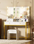 COMHOMA Makeup Vanity Desk with Mirror and Lights, Vanity Table and Chair Set with 4 Drawers and Charging Station, Bedroom Dresser Mirror& Adjustable 3 Color Modes, Storage Shelf, 32In White and Gold