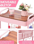 TOOLF 3-Tier Rolling Cart with Table Top, Metal Storage Cart on Wheels, Utility Organizer with Wooden Tray, Lockable Casters, Easy Assembly for Bathroom, Living Room, Office, Bedside, Pink