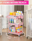 Goovilla 3 Tier Rolling Utility Cart Organizer with Removable Drawer, Stable and Sturdy Pink Rolling Storage Carts with 2 Lockable Wheels for Bathroom, Kitchen, Snack, Craft, Makeup, Baby Essentials