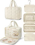 BAGSMART Travel Toiletry Bag with Jewelry Organizer, Hanging Travel Bag for Toiletries, Puffy Makeup Cosmetic Bag Organizer, Carry-on Travel Accessories Essentials, Beige-M