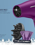 Conair Hair Dryer, Worldwide Travel Hair Dryer with Smart Voltage Technology and Folding Handle, Includes Diffuser and Concentrator, Purple