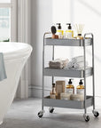 TOOLF 3-Tier Metal Rolling Cart with Wheels, Storage Utility Organizer Cart for Kitchen, Bathroom, Office, Baby Essentials & Makeup - Lockable Casters, Easy Assembly, Large Capacity, Gray