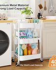 3 Tier Rolling Cart Metal with Wheels, White Three Tiered Storage Cart on Wheels, Utility Trolley Carts Organizer for Kitchen Storage, Pantry, Snack, Craft, Art, Lash, Makeup, Bathroom, Dorm Supply