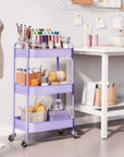 TOOLF 3-Tier Metal Rolling Cart with Wheels, Storage Utility Organizer Cart for Kitchen, Bathroom, Office, Baby Essentials & Makeup - Lockable Casters, Easy Assembly, Large Capacity, Purple