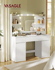 VASAGLE Kailyn Collection - Vanity Desk with Mirror and 9 LED Bulbs, Vanity Makeup Table with Power Outlets, Dressing Table with 2 Cabinets, for Bedroom, Cloud White URDT142WB01S