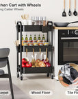 3 Tier Rolling Cart on Wheels, Metal Utility Storage Cart with Wheels, Three Tiered Craft Carts Organizer with Hanging Cups, Hooks, Mesh Basket for Bedside, Kitchen, Bathroom, Office, Art, Snack,Black