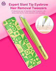 Expert Eyebrow Hair Removal Tweezer with Leather Case, GlamTweeler High Precision Slant Tip Stainless Steel Tweezers for Men and Women (Sparkle Apple Green & Yellow)