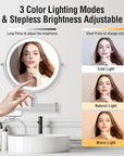 10x Large Wall Mounted Makeup Mirrror, Height Adjustable Lighted Mirror, 8" Double Sided Mirror, 1X/10X Magnifying Bathroom Mirror, 360° Rotation Adjustable, Detachable Ring, 3 Color Lights