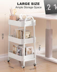 EAGMAK 3 Tier Rolling Cart Under Desk, Large Metal Storage Cart with Handle and Lockable Wheels, Big Multifunctional Storage Organizer Trolley for Kitchen, Living Room, Office, Garage (White)