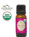US Organic 100% Pure Geranium Essential Oil - USDA Certified Organic, Steam Distilled - W/Euro droppers (More Size Variations Available) (10 ml / .33 fl oz)