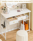 White Vanity Desk Without Mirror for Bedroom, Makeup Desk with 2 Fabric Drawers, Vanity Desk with Iron Hook, 36 Inches Vanity with Storage, White