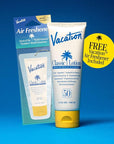 Vacation Classic Sunscreen Lotion SPF 50 + Air Freshener Bundle, Water Resistant Broad Spectrum Sunscreen Sun Block, Vegan Sun Tanning Lotion, Body Lotion with SPF, SPF 50 Sunscreen, 3.4 Fl. Oz.
