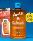 Vacation Chardonnay Oil SPF 30 + Air Freshener Bundle, Vegan Suntan Oil with Broad Spectrum SPF, Oxybenzone + Octinoxate Free Sunscreen Tanning Oil, TSA Friendly, Travel Size, 3.4 fl. Oz.