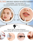 30X/1X Wall Mounted Lighted Makeup Mirror, 10'' Double Sided 4500mAh Rechargeable Magnifying Bathroom Mirror with Light, 3 Color Modes Touch Dimmable Extended Arm 360 Rotation with Adapter,Chrome
