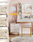 GarveeHome Makeup Vanity Desk with Mirror and Lights, Vanity Table with 5 Drawers, Vanity Set with Stool and Removable Side Storage Cabinet for Bedroom, White & Gold