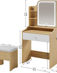 LIKIMIO Small Makeup Vanity Desk with Mirror and Lights, Vanity Table Set with Storage Drawer, Chair and Three Shelves, Bedroom, Wood