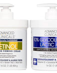 Advanced Clinicals Retinol Body Cream Moisturizer + Exfoliating 10% Glycolic Acid & Lactic Acid Lotion 2PC Skincare Set For Women & Men To Reduce Appearance Of Crepey Skin & Uneven Rough Skin Texture