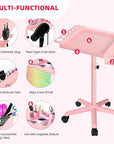 Extension Salon Tray Hair Extension Cart Tray Pink Multi-Function Extensions Rolling Tray with Blow Dryer Holder and Storage Platform