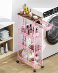 KINGRACK 4-Tier Slim Storage Cart, Metal Rolling Cart, Organizer with Wooden Tabletop and Drawer Basket, Mobile Shelving Unit for Kitchen, Bathroom, Laundry Room, Pink