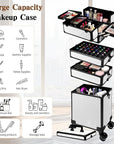 5 in 1 Rolling Makeup Train Case on Wheels Large Cosmetic Organizer Travel Cart for Women Beauty Salon Barber Hairstylist White