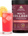 Ancient Nutrition Collagen Peptides Powder, Multi Collagen Protein, Women & Men, Vitamin C, Probiotics, Hydrolyzed Collagen, Supports Skin, Joints, Gut Health, Strawberry Lemonade, 24 Servings