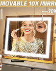 FENNIO Vanity Mirror with Lights 22''x18'' Makeup Mirror with Lights,Lighted Makeup Mirror with 10X Magnification ,Smart Touch Screen with 3-Color Lighting,Dimmable(Square Gold)